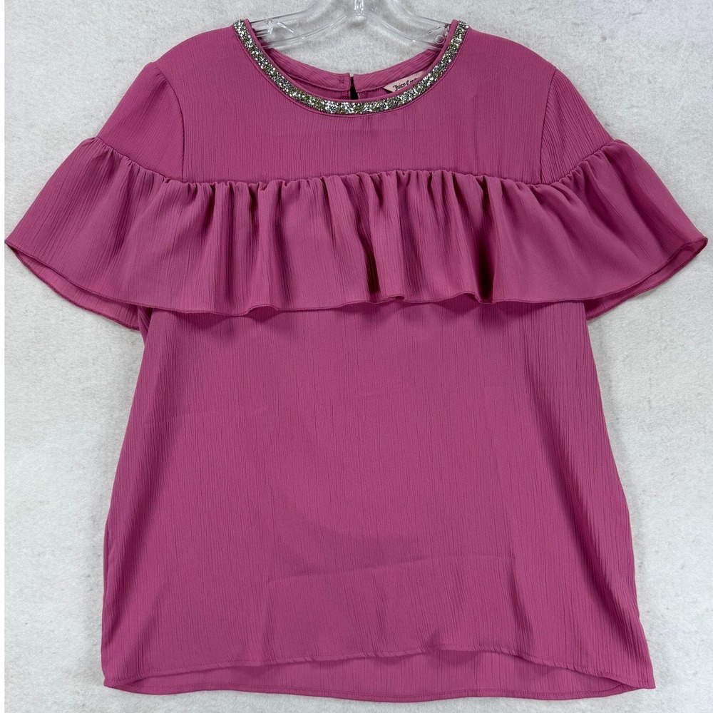 Juicy Couture Magenta Pink Ruffle Blouse Rhinestone Neck Short Sleeve Top Medium